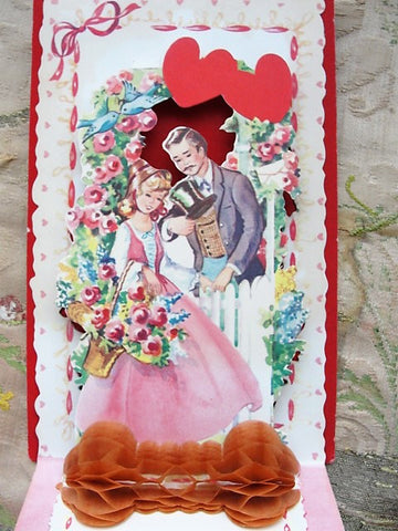 ANTIQUE Fold Out VALENTINE Card Romantic Couple HONEYCOMB Greeting Card Colorful Decorative Collectible